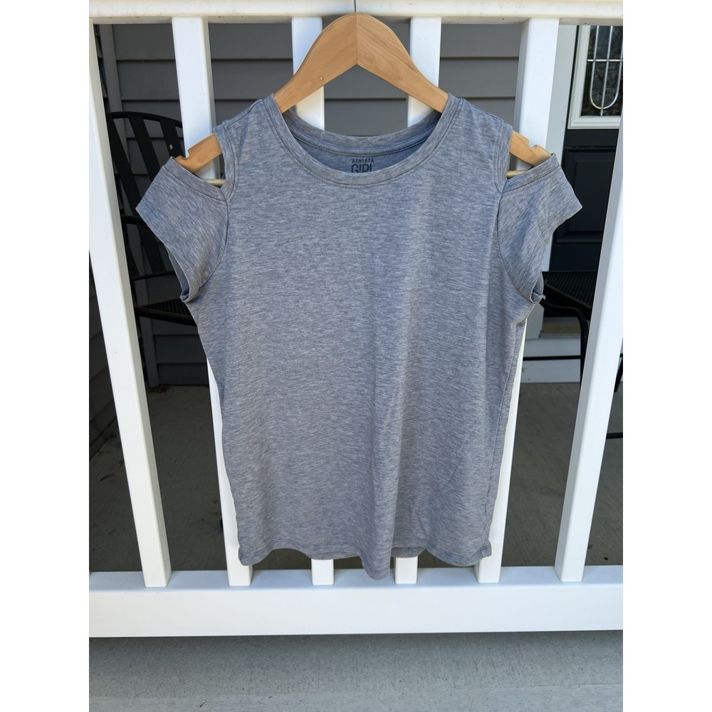 Athleta Girl size 14 XL heathered grey Cold Shoulder Tee Short Sleeve